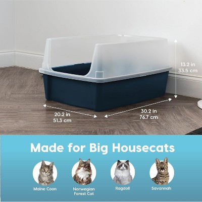 Extra Large Navy Plastic Open Top Cat Litter Box with Scatter Shield