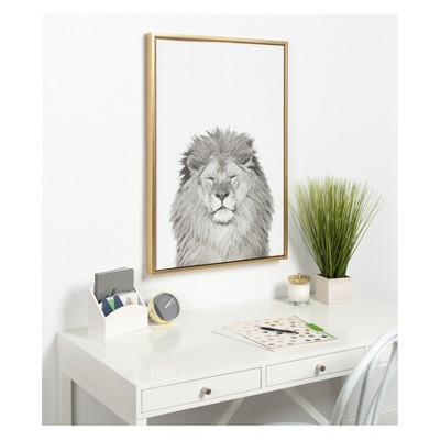23" x 33" Gold Framed Black and White Lion Canvas Print