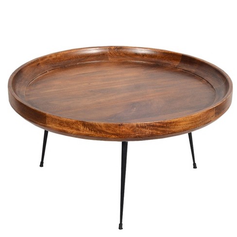 Wooden Coffee Table With Splayed Metal, Black Steel Coffee Table Round