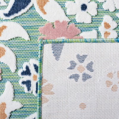Green and Navy Floral Synthetic 4' x 6' Reversible Area Rug