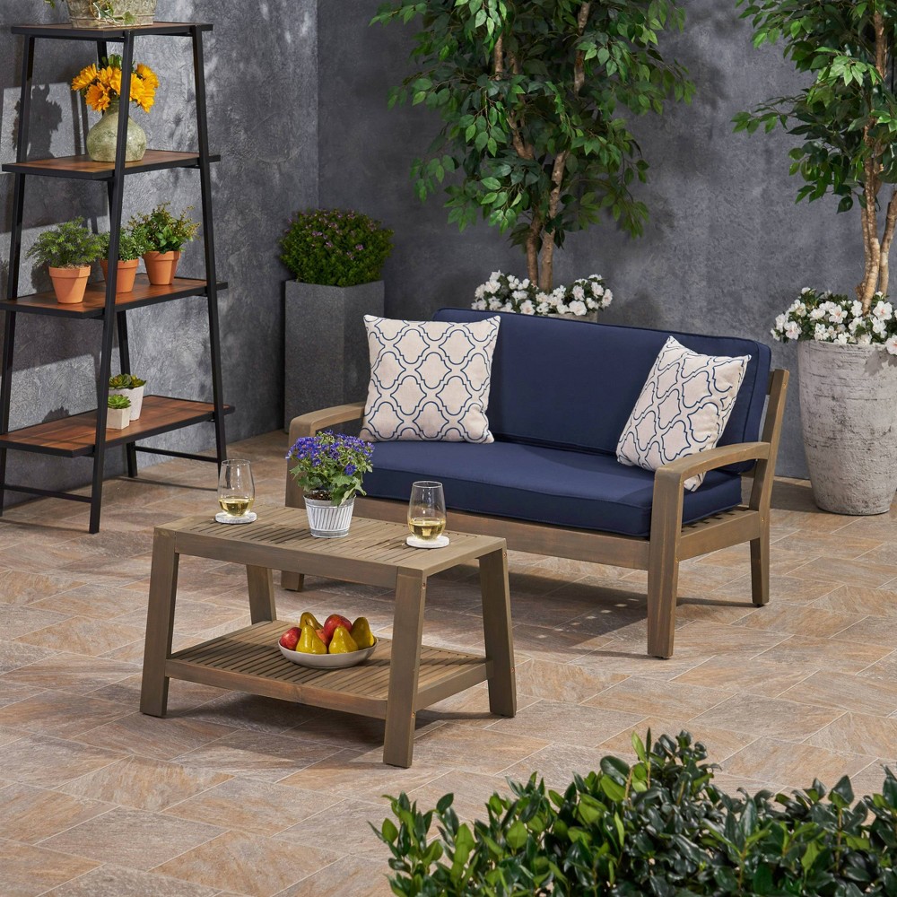 2pc Grenada Acacia Wood Patio Chat Set with Sunbrella Cushions Gray/Navy - Christopher Knight Home