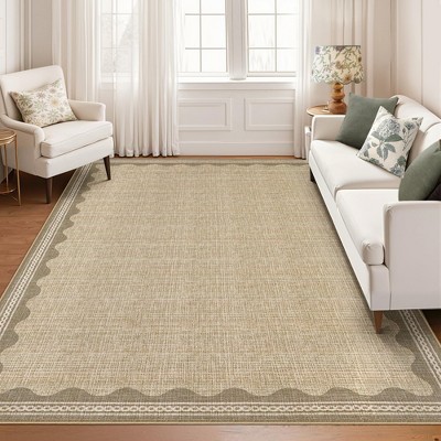 homfan Scalloped Washable Rug w/ Non-Slip Back - Modern Low-Pile Carpet for Living Room, Bedroom