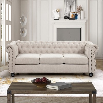 Chesterfield Large Couch 83" Rolled Arm Chenille Sofa Deep Seat for Living Room and Office Beige - Morden Fort