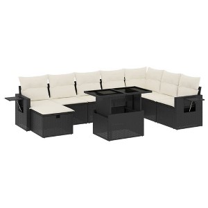 vidaXL 9 Piece Patio Sofa Set with Cushions Black and Cream Poly Rattan - without storage - 1 of 4