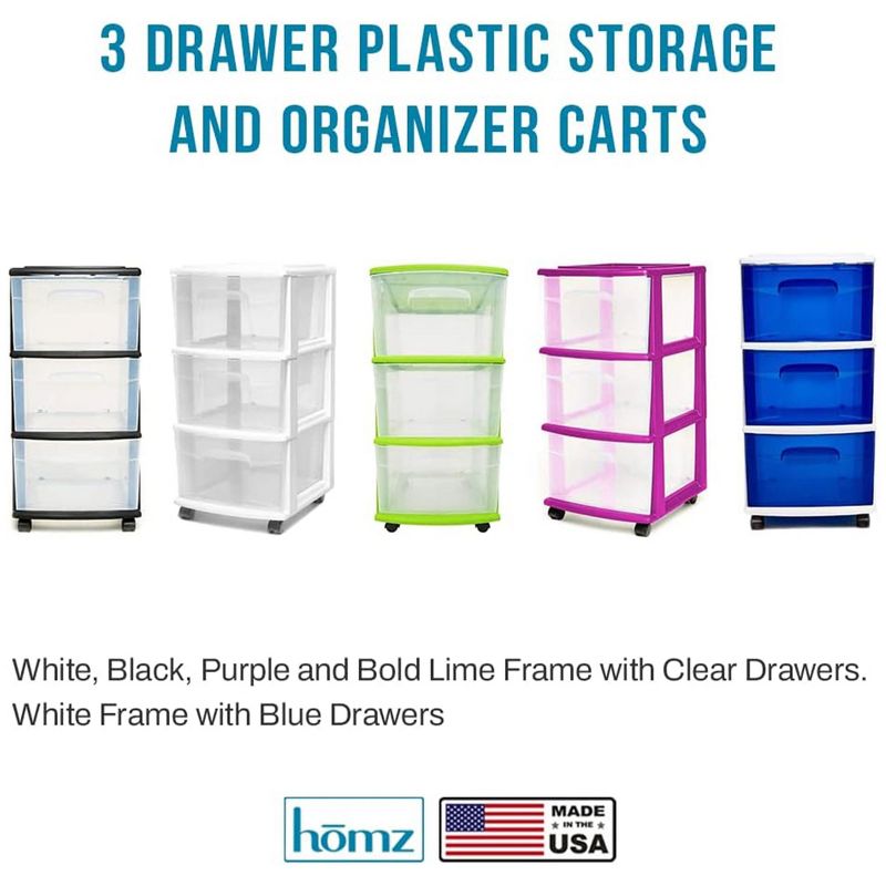 Homz Clear Plastic 3 Drawer Medium Home Organization Storage Container Tower with 3 Large Drawers and Removeable Caster Wheels, White Frame, 5 of 8