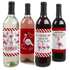 Big Dot of Happiness Flamingle Bells - Tropical Flamingo Christmas Decorations for Women and Men - Wine Bottle Label Stickers - Set of 4 - 1 of 4