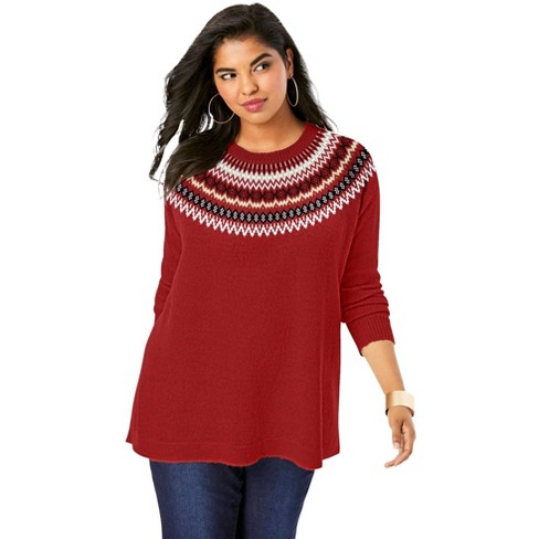 Roaman's Women's Plus Size Fair Isle Pullover Sweater - 30/32, Red : Target