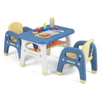 Costway Kids Table and 2 Chairs Set Activity Art Desk with Storage Shelf & Building Blocks
