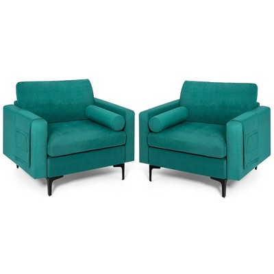 Costway Set of 2 Accent Armchair Single Sofa w/ Bolster Side Storage Pocket Teal