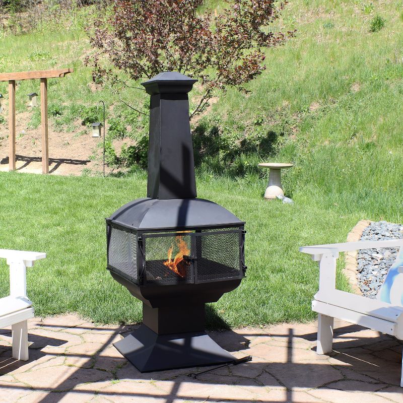 Sunnydaze Outdoor Backyard Patio Steel 360-Degree View Wood-Burning Fire Pit Chiminea with Wood Grate and Poker - 57" - Black, 3 of 10