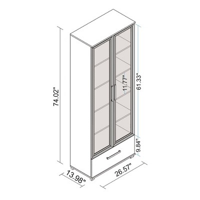 White 71.85" Bookcase with Frosted Glass Doors and Drawer