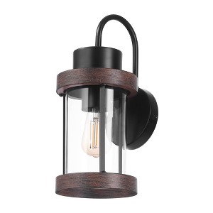 Globe Electric 1-Light Matte Black Outdoor Wall Sconce with Clear Glass Shade and Faux Wood Accents: ETL Listed, Includes Mounting Hardware - 1 of 4