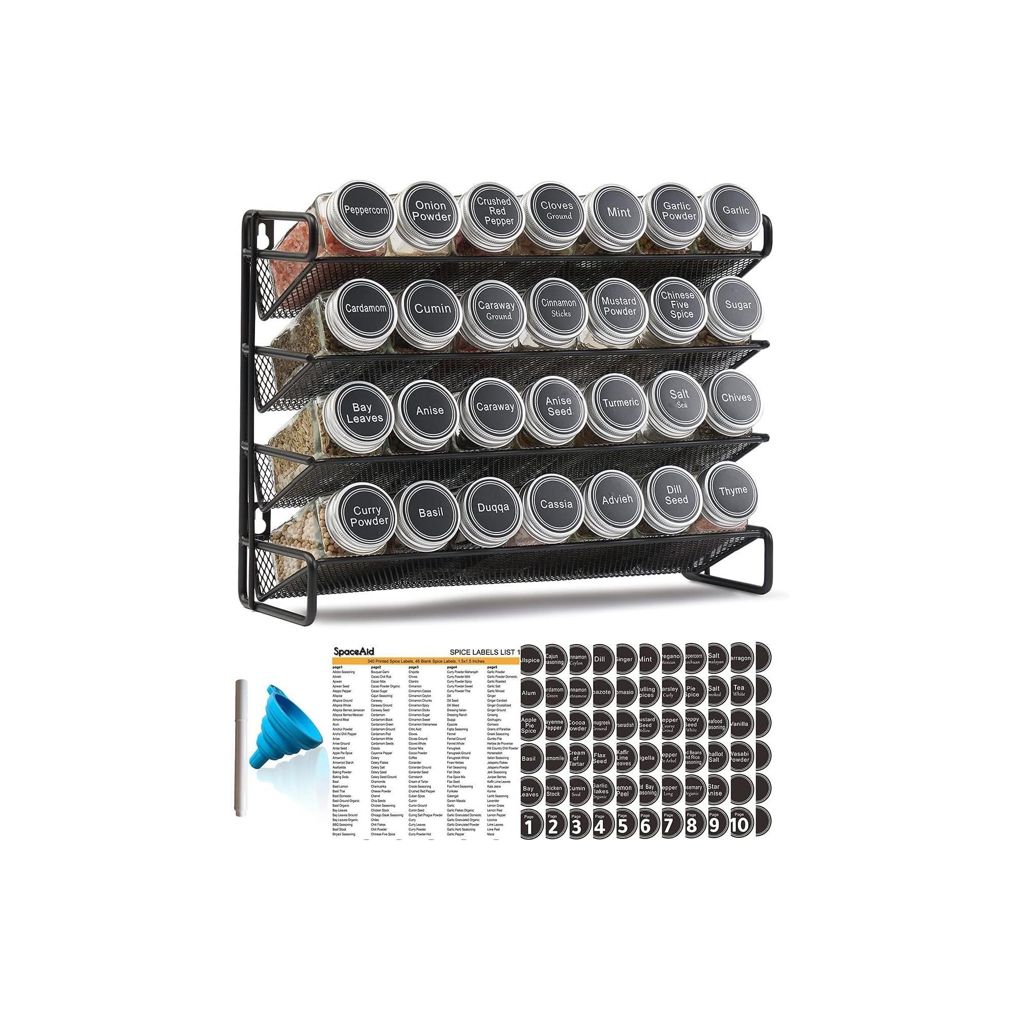 Spice Rack Organizer with 28 Jars, 386 Labels, for Cabinet, Countertop, Pantry or Wall Mount