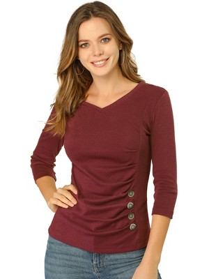 INSPIRE CHIC Women's V Neck 3/4 Sleeves Solid Knitted Buttons Decor Ruched Blouse
