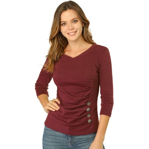 Allegra K Women's V Neck 3/4 Sleeves Solid Knitted Buttons Decor Ruched  Blouse Burgundy X-small : Target