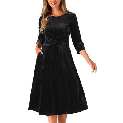 Allegra K Women's Velvet Crew Neck 3/4 Sleeve Party A Line Midi Dress