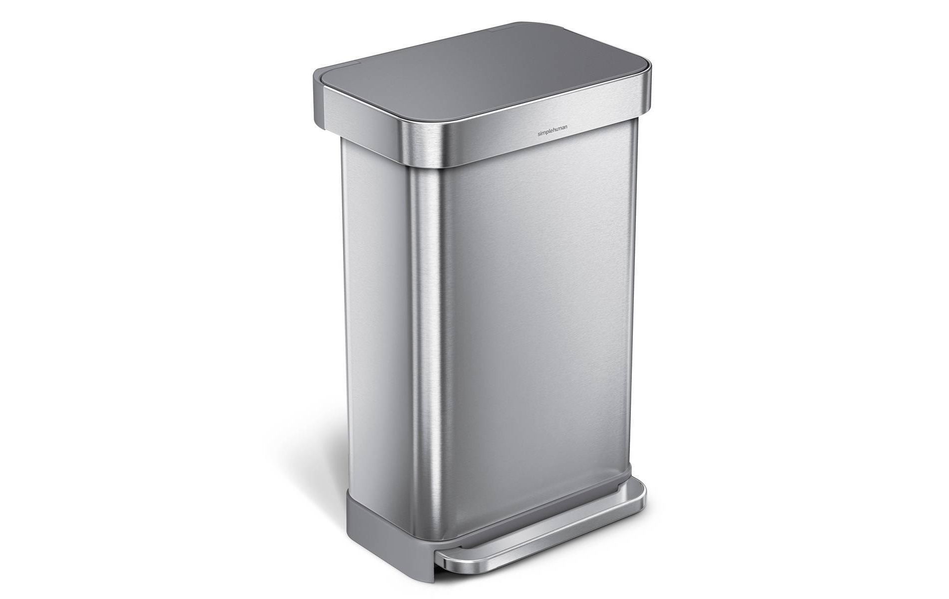 simplehuman 45L Kitchen Step Trash Can with Liner Pocket Stainless Steel with Fingerprint Proof Finish, Gray Plastic Soft Close Lid