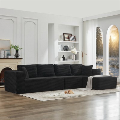 137.8" Corduroy Upholstery L-Shaped Cloud Modular Sectional Sofa with Right Chaise and Pillows, All-Foam Compression Design