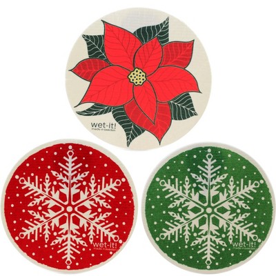 Swedish Dish Cloth Poinsettia Snowflakes Round  -