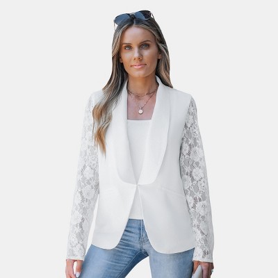 Women's White Contrast Lace Sleeve Shawl Lapel Blazer - Cupshe