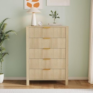 Dressers for Bedroom with 5 Drawers, Tall Wooden Dressers with Gold Handles for Closet, Wood Chest of Drawers, Storage Cabinet and Organizer Drawers - 1 of 4