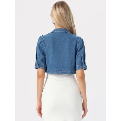 Женские куртки Allegra K Women's Short Sleeve Lapel Collar Crop Jean Jacket Large M Blue — фото 3