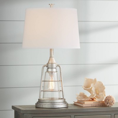 Silver Galvanized Metal Coastal Table Lamps with White Fabric Shade