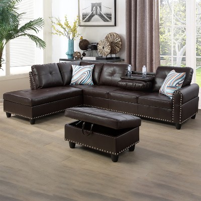 GlasFlength Sectional Sofas with Ottoman, Large Modular Sectional Couch for Living Room, L Shape Upholstered Couch, Dark Brown Leather, Length 97.5"