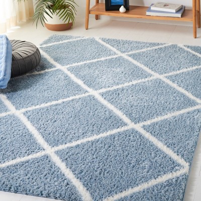 Blue and White Geometric Shag Rectangular Area Rug 4' x 6'