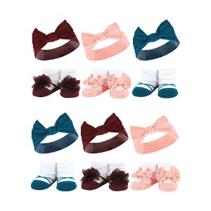 Hudson Baby Infant Girl 12Pc Headband and Socks Giftset, Burgundy Teal, One Size - 1 of 2