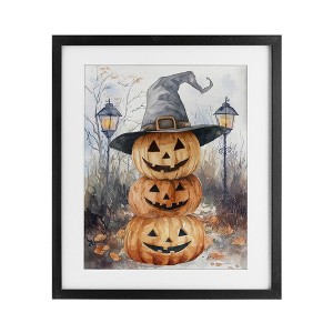 Stupell Industries Stacked Jack-o-Lanterns with Witch Hat Framed Print Under Glass Art, Black, 17" x 21" - 1 of 4