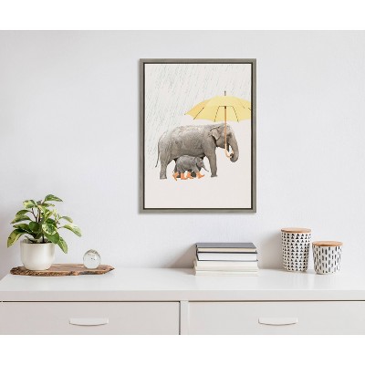 Gray Elephant Print on Canvas with Yellow Umbrella