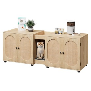 Double Cat Litter Box Enclosure 55.1",Hidden Litter Cabinet Furniture for 2 Cats with Rattan Doors - 1 of 4