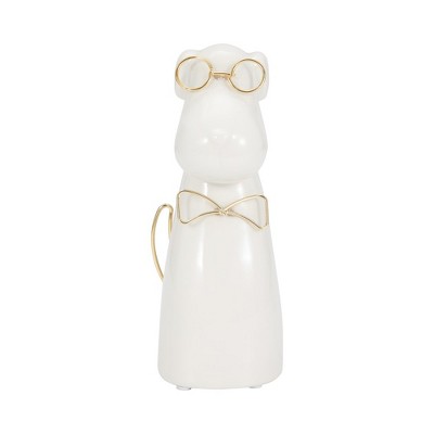 Sagebrook Home Ceramic Puppy with Glasses and Bow Tie Figurine - Contemporary White and Gold Dog Sculpture for Home or Office