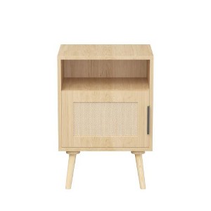 TIRAMISUBEST Rattan Nightstand with Solid Wood Legs - Open Shelf Storage, Perfect for Bohemian Bedrooms - 1 of 4