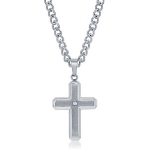 Metallo Stainess Steel Brushed & Polished w/ Single CZ Cross Necklace - Silver - 24 Inch - 1 of 3