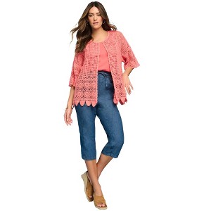 Roaman's Plus Size Scallop Trim Crochet Cardigan - 1 of 4