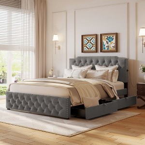 Queen Size Upholstered Platform Bed with 2 Drawers and 2 sets of USB Ports - 1 of 4