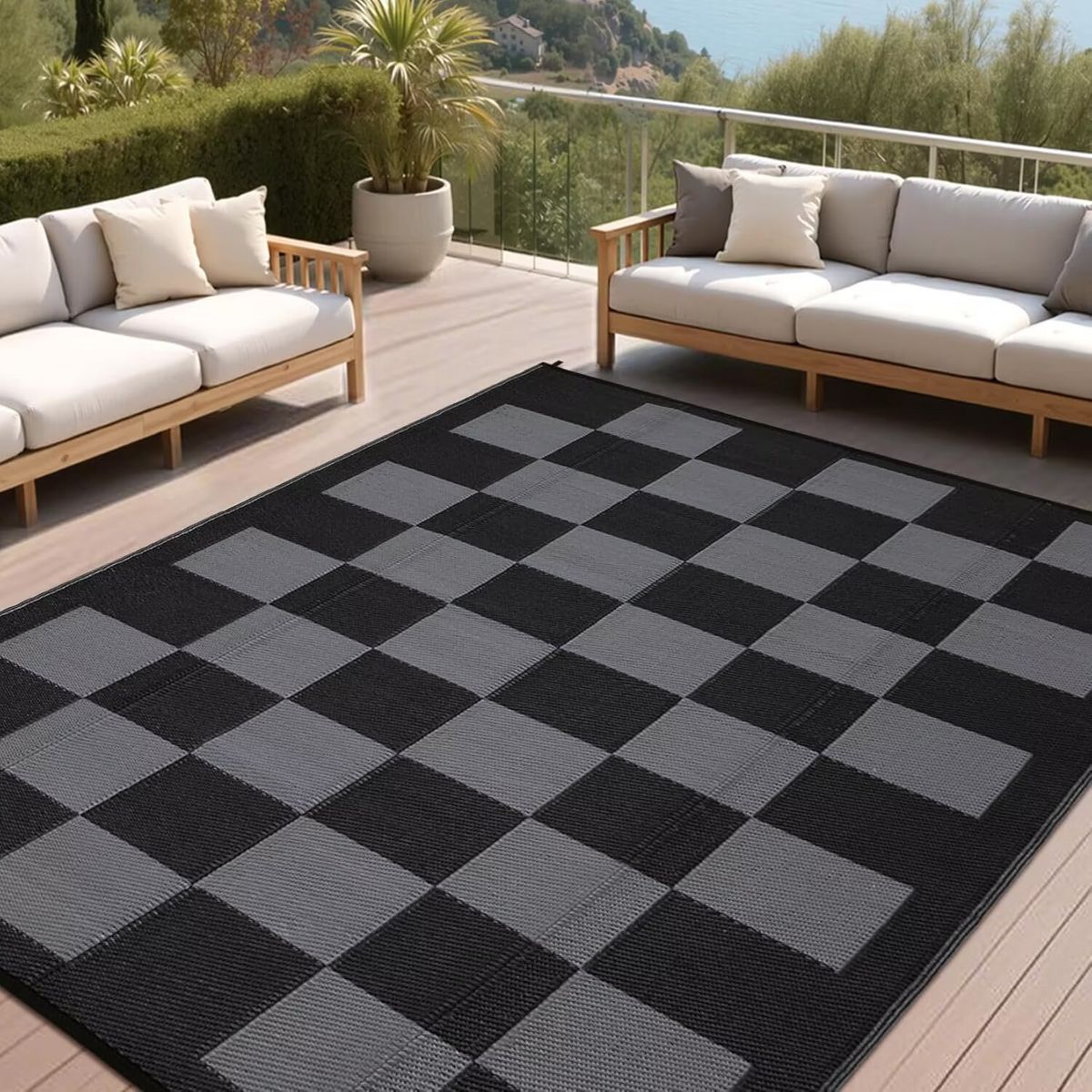 Garvee Outdoor Rug Checkerboard Geometric Plaid Pattern, Waterproof Plastic Straw Rug, UV Resistant Foldable Outdoor Rug for Picnic, Backyard, Deck - thumbnail 9