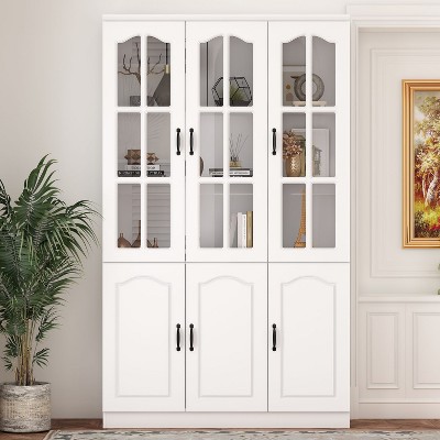 Famapy Modular Storage Cabinet Elegant White Pantry Bookshelf Multifunctional Tempered Glass Cabinet