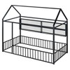 Twin Size Metal Bed Frame with House Design, Fence Detailing, and Storage Shelves - 3 of 4