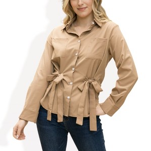 Anna-Kaci Women's Long Sleeve Button Down Shirt with Front Chest Pockets and Adjustable Side Tie Accents - 1 of 4