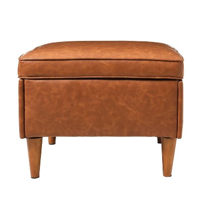 Atley Cognac Vegan Leather Storage Ottoman with Solid Wood Legs