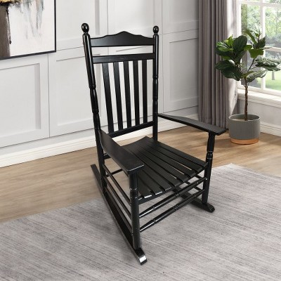 Outdoor Rocking Camping Chair With Slatted Backrest, Solid Wood Frame, Armrest, Up To 280LBS Load-bearing Capacity Rocking Chair For Garden, Black