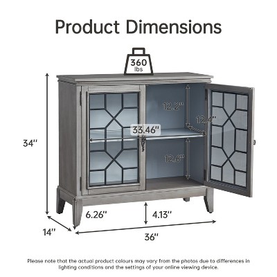 Grey 36 inch Wide Vintage Style Accent Cabinet with Glass Doors and Solid Wood Legs