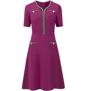INSPIRE CHIC Women's Tweed Trim Pockets V Neck Short Sleeve A-Line Midi Dresses - 1 of 4