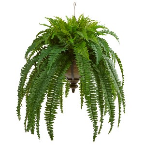 Nearly Natural 39-in Boston Fern Artificial Plant in Metal Hanging Bowl - 1 of 2