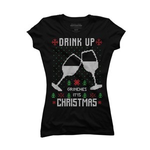 Junior's Design By Humans Drink Up Grinches Ugly Christmas Sweater By shirtpublic T-Shirt - 1 of 3