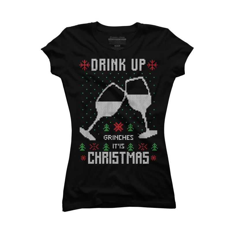Junior's Design By Humans Drink Up Grinches Ugly Christmas Sweater By shirtpublic T-Shirt, 1 of 4