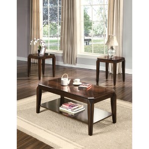 3-Piece Walnut Finish Coffee and End Table Set with Parquet Design and Shelf for Extra Storage for Living Room - 1 of 4